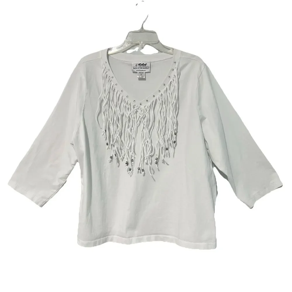 Back In The Saddle Blouse Womens 1X Fringe Studs White Tunic Top Western Boho